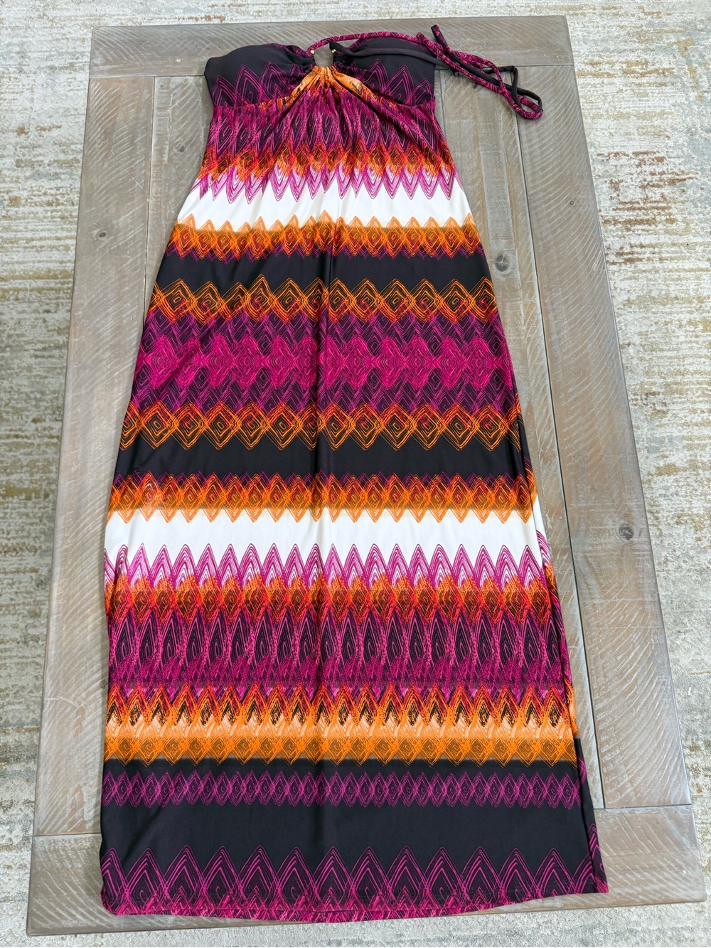 HeartSoul Boho Geometric Halter Maxi Dress Size Large Pink Orange Aztec